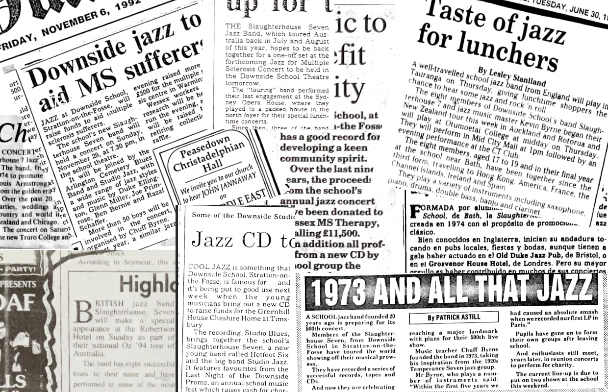 A combination of newspaper articles showing the charity fund raising by the Slaughterhouse Seven over the years